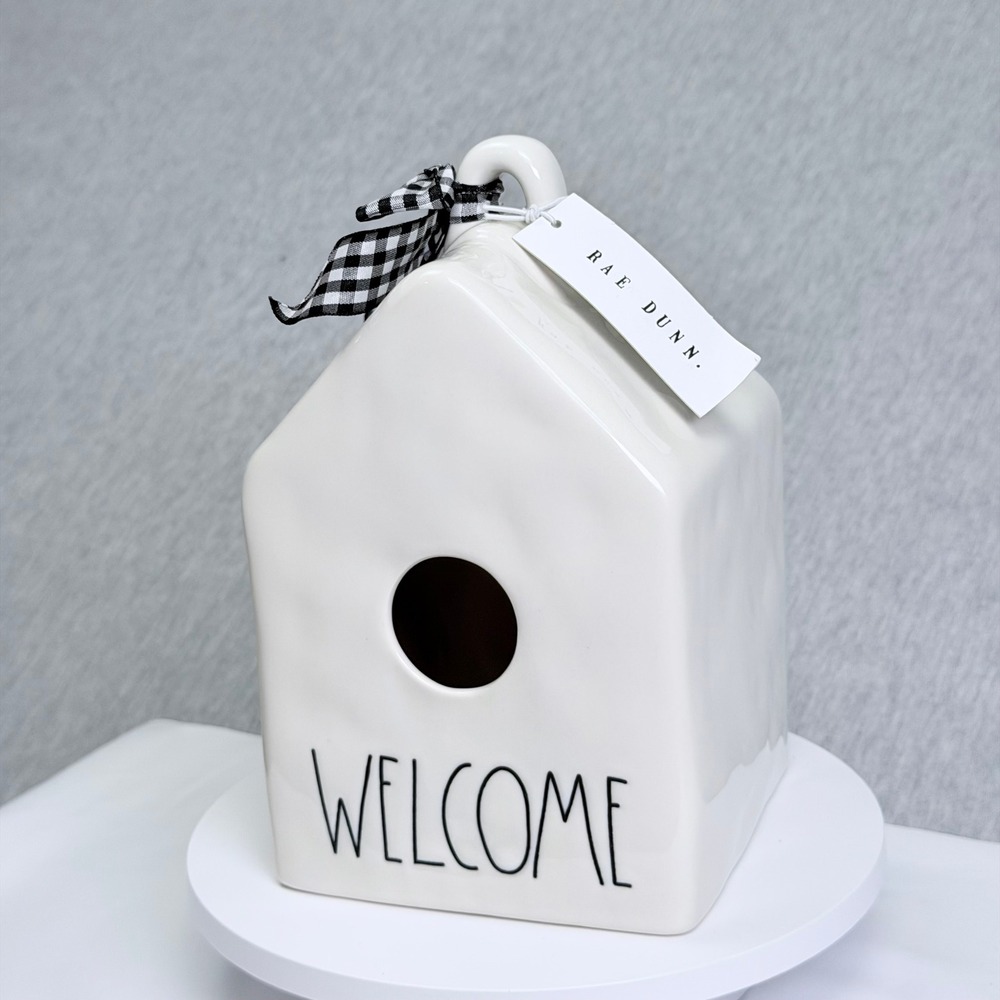 Rae Dunn Welcome Ceramic Birdhouse White Gingham Ribbon Artisan Collection 8in